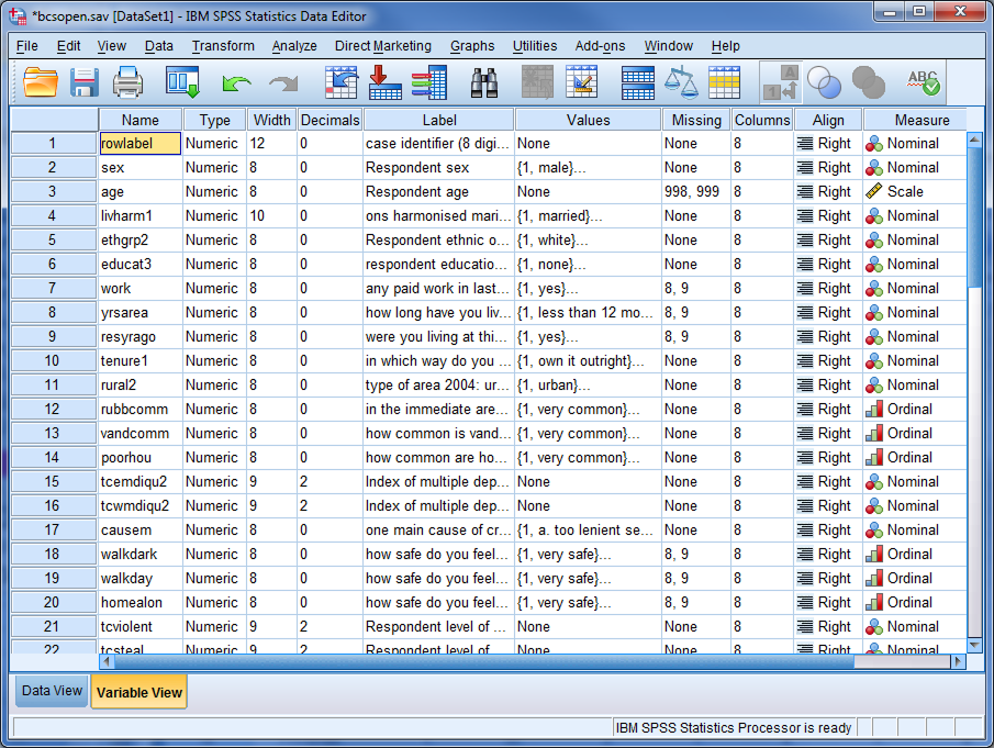The SPSS Variable View in 2015: one row per variable, with columns for type, width, decimals, label, values, missing, align, and measure
