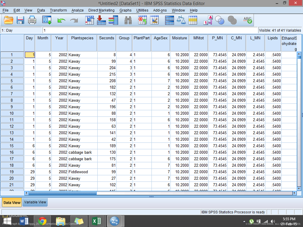 IBM SPSS Statistics Data Editor in 2015: a spreadsheet grid of numeric columns beneath a dense menu bar and a toolbar of about twenty icons