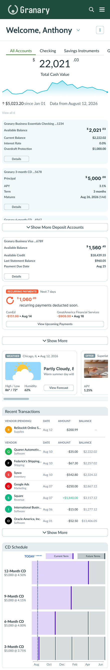 Mobile banking dashboard: total cash value, checking and CD cards with a show-more control, recurring payments, recent transactions, and the CD Schedule