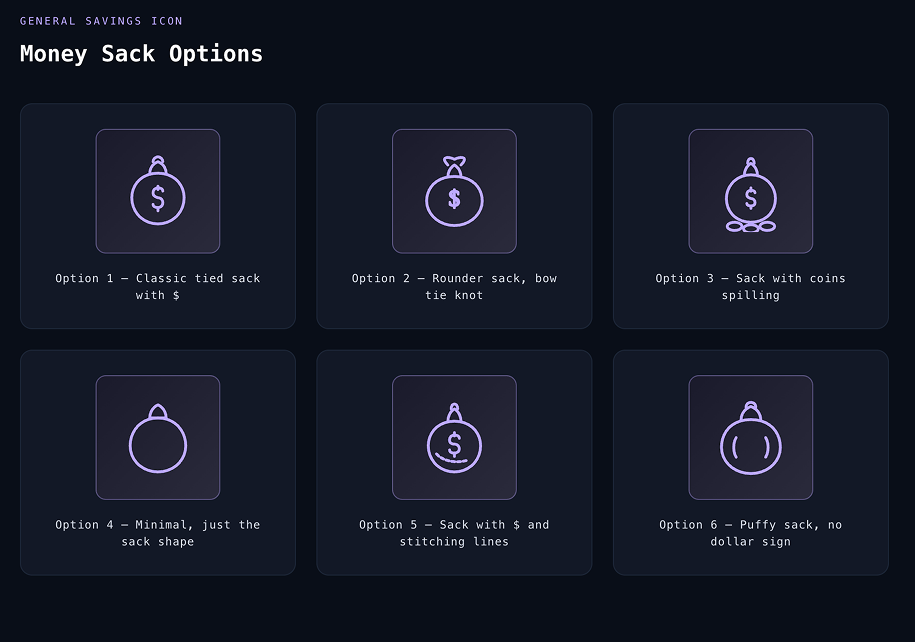 A set of 6 failed custom SVG icons generated by Claude