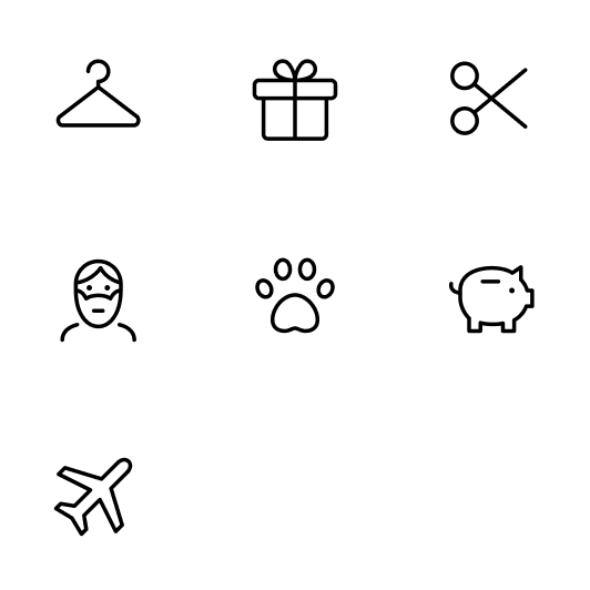 Seven line icons generated by Claude Opus 5.5: a hanger, a gift, scissors, a person, a paw print, a piggy bank, and an airplane