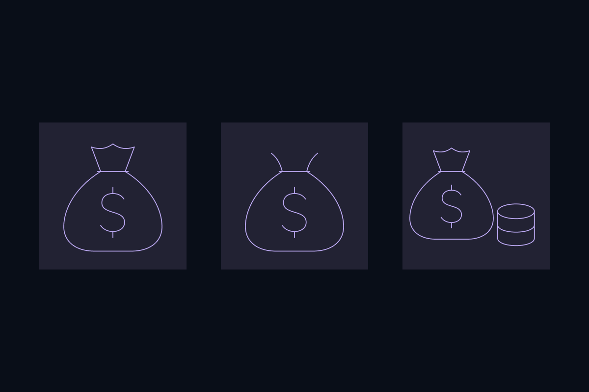 Three money sack line icons generated by Claude Opus 5.5: sacks with a gathered neck and a dollar sign, one beside a stack of coins