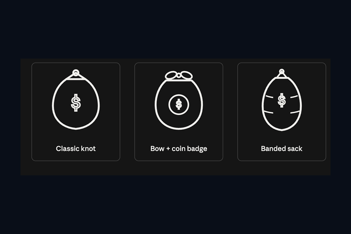 Three money sack icons generated by Claude Sonnet 5, labeled classic knot, bow and coin badge, and banded sack, with lumpy egg-shaped outlines